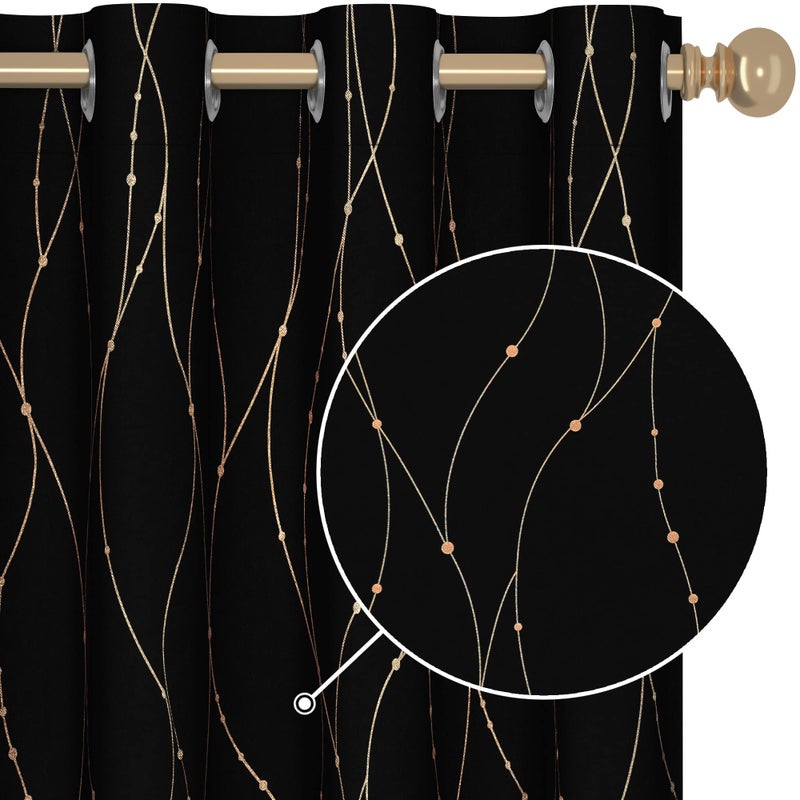 Deconovo Blackout Curtains 2 Panels for Bedroom and Living Room, Gold Foil Wave Lines and Dots, Thermal Insulated Room Darkening Grommet Window Drapes for Nursery and Kids Room, Black, 52W x 84L Inch - Image 1